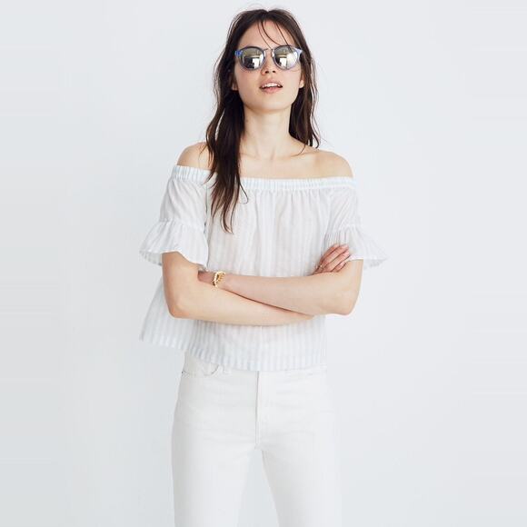 Madewell Striped Off-the-Shoulder Ruffle-Sleeve Top Sea Glass size Small - Picture 1 of 11
